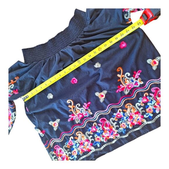 Colorful Bright Embroidered Cotton Blouse Top Smocked Off Shoulder Black XXL 2X - Picture 10 of 14